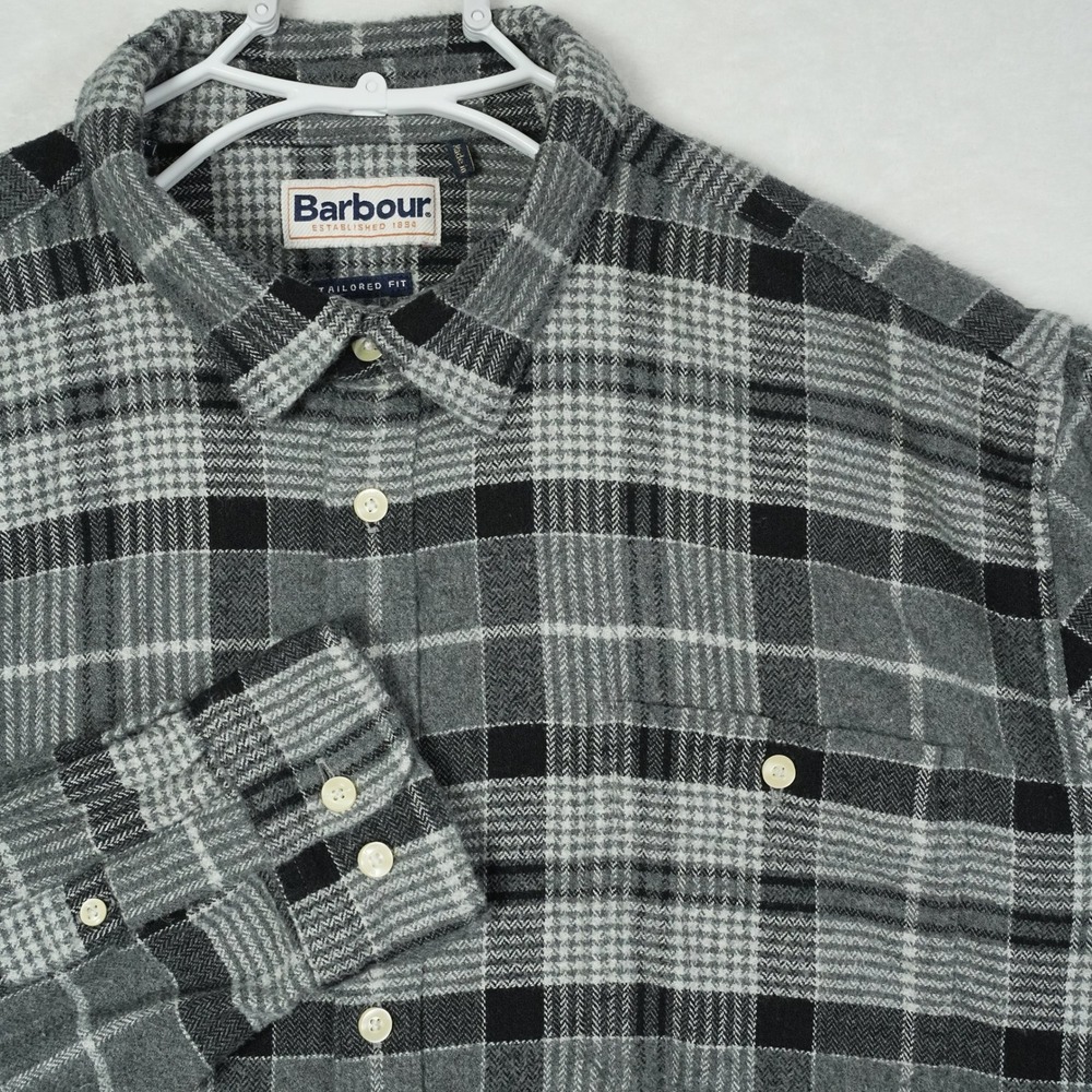 Barbour Tailored Fit Plaid Button Down Shirt Grey Flannel Long Sleeve Mens XL